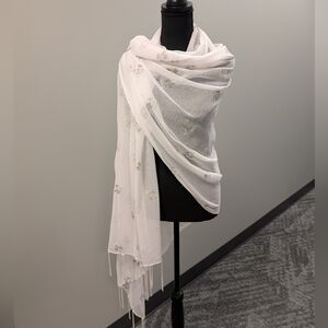 Aremar White Fish Print Scarf Tassel Trim Sheer Novelty Coastal